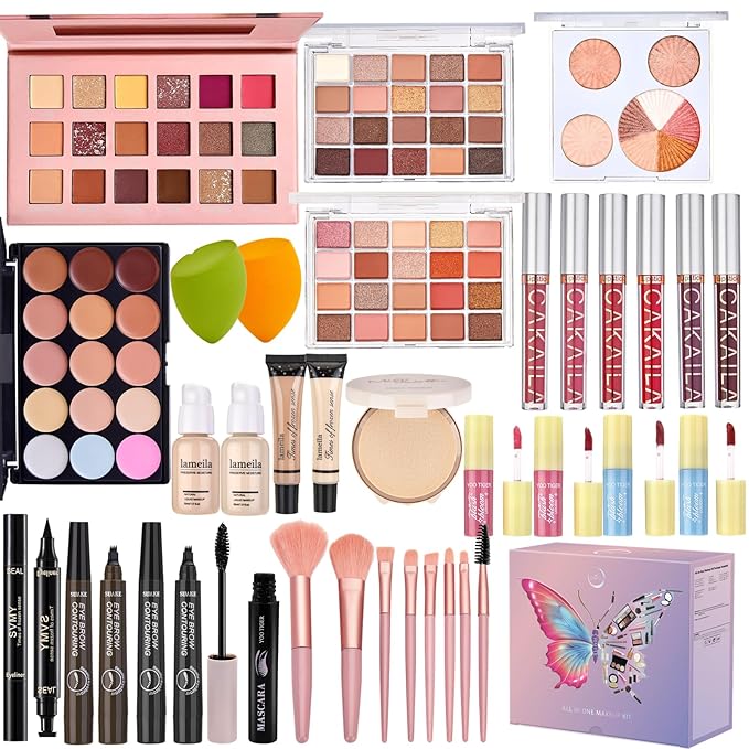 All in One Makeup Kit, Make Up Gift Set for Women, Makeup Kit for Women Full Kit, Includes Foundation Face Primer Eyeshadow Concealer Liquid Blush Lipgloss Eyeliner Mascara Cosmetic Brushes Set-VivaGrace Women