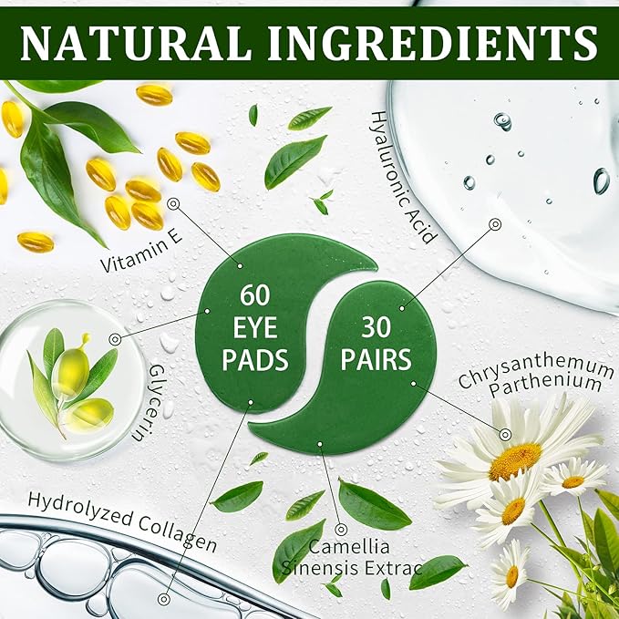 Under Eye Patches, Eye Masks, 30 Pairs Collagen Patches for Nourish Firming Repair for Fine Lines, Wrinkles, Dark Circles Bags Eye Treatment, Improve Lines Puffiness for men women (Green Tea)-VivaGrace Women