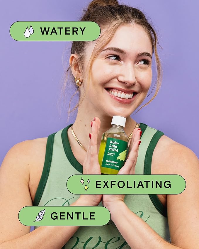 Krave Beauty Kale-Lalu-yAHA - Gentle 5.25% AHA Exfoliator with Glycolic Acid, Hyaluronic Acid, and Vitamin-Rich Kale for Texture, Discoloration, and Dead Skin Cells, Vegan and Cruelty-Free, 6.76 fl oz-VivaGrace Women