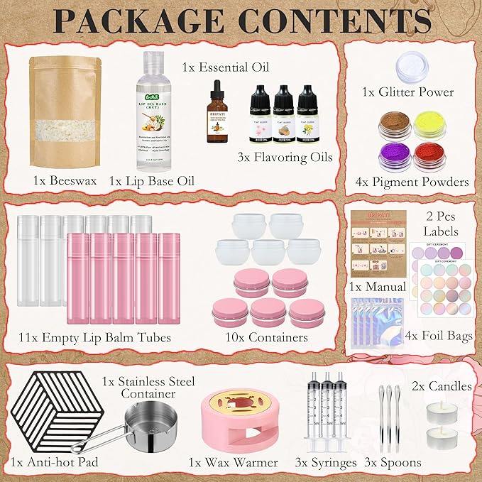 Lip Balm Making Kit - DIY Lip Gloss Kit to Make Your Own Lip Balm with Natural Beeswax, Lip Base Oil, Essential Oil, Tubes, Jars Lip Balm Craft Kit For Adults Girls Moisturizing Lip Care Kit-VivaGrace Women