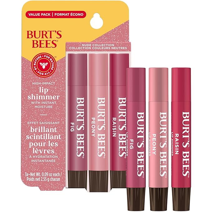 Burt's Bees Lip Shimmer Nude Collection, Tinted Lip Balm Stick, Moisturizing for All Day Hydration with Natural Glowy Pigmented Finish & Buildable Color, 3 Warm Shades; Value Pack, 3 Tubes x 0.09 Oz-VivaGrace Women
