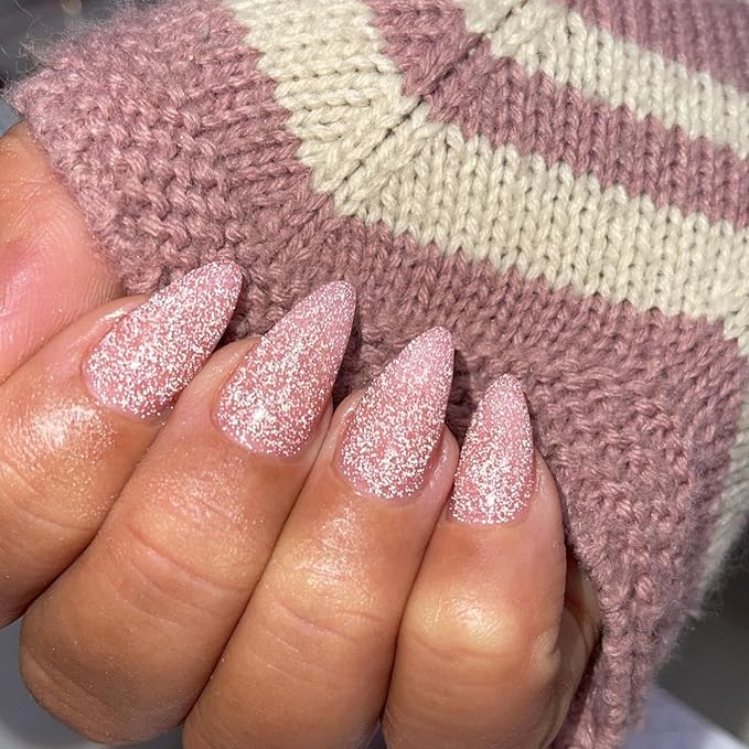 Light Pink Glitter Press on Nails Almond Medium, KQueenest Sparkle Shinny Acrylic Fake Nails for Women, Cute Bling Glitter Nails Press ons, Luxury Glue on Nails Medium False Nails with Design