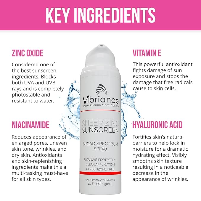 Vibriance Sheer Zinc Sunscreen - Tinted Sunscreen for Face SPF 50, Lightweight Facial Moisturizer with Niacinamide, Hyaluronic Acid - 1.7 fl oz-VivaGrace Women