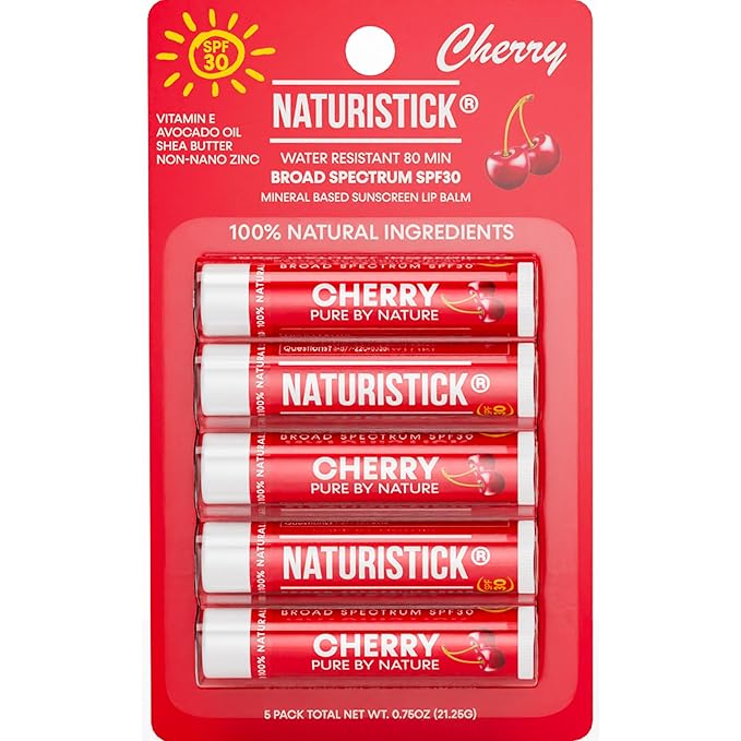 Naturistick SPF 30 Vegan Lip Balm – Mineral Sunscreen with Zinc Oxide | Broad Spectrum UVA/UVB Protection | 100% Natural, Coral-Friendly Formula | Oxybenzone Free | 5-Pack Cherry | Made in USA-VivaGrace Women