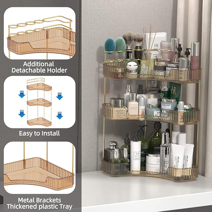 Corner Bathroom Counter Organizer with Top Toothbrush Holders, 3-Tier Make Up Organizers for Vanity with Brush Holder, Corner Storage for Bathroom, Kitchen, Dresser-VivaGrace Women