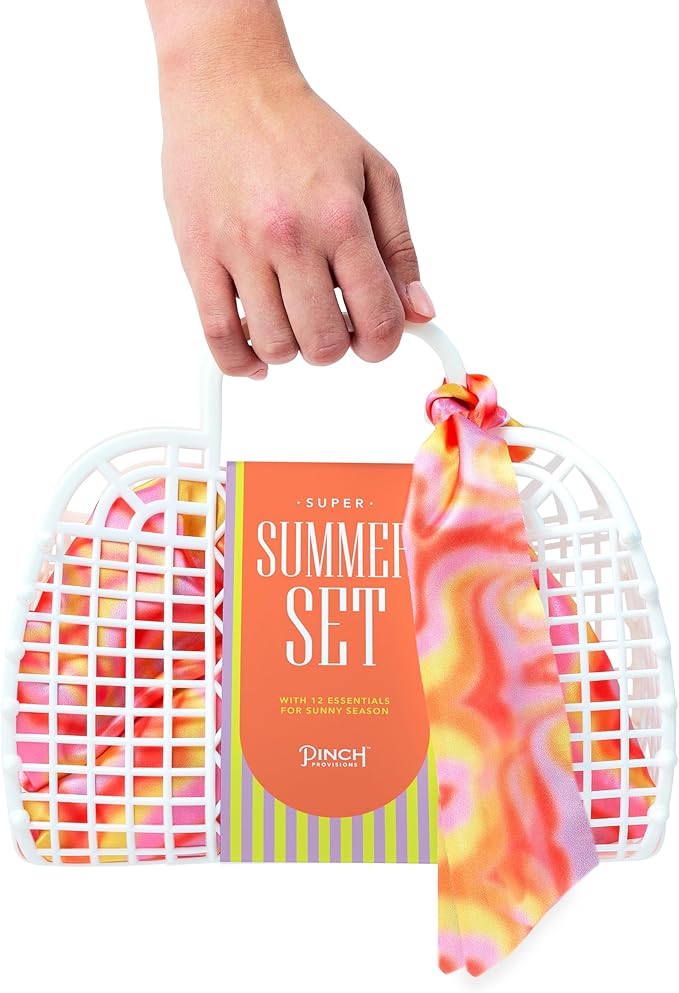 Pinch Provisions Super Summer Jelly Tote, 12 Beach & Poolside Accessories For Beauty, Perfect for Pool & Beach Days, Includes Oil Absorbing Roller, Rechargable Fan, Towel Clips, & Ice Roller-VivaGrace Women