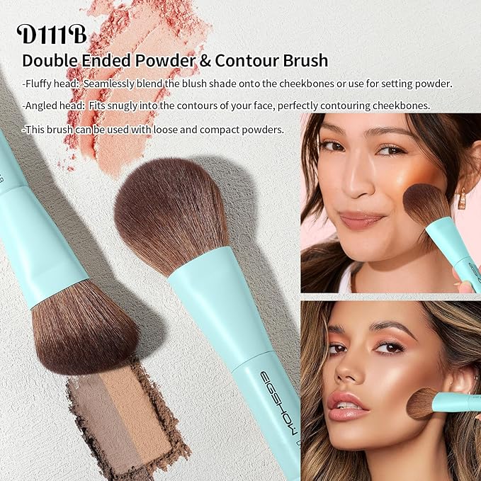 EIGSHOW Makeup Brush Set, 3Pcs Dual Ended Face Makeup Brushes for Foundation Powder Contour Highlight Concealer Nose Shadow, Travel Gift Set (Cyan)-VivaGrace Women