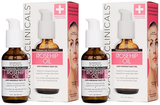 Advanced Clinicals Rosehip Oil For Face With Vitamin E + Botanicals Helps Improve Look Of Dark Spots, Wrinkles, Fine Lines, & Uneven Looking Skin Tone | Moisturizing Skin Care Face Serum, 2-Pack-VivaGrace Women