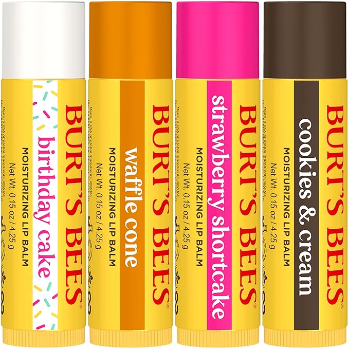 Burt's Bees Lip Balm Party Pack - Birthday Cake, Waffle Cone, Strawberry Shortcake, and Cookies & Cream, All Day Moisturizer, Tint-Free, Natural Origin Conditioning Lip Treatment, 4 Tubes, 0.15 oz.-VivaGrace Women