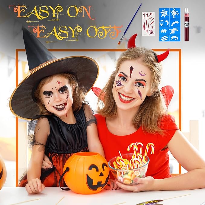 Halloween Makeup Kit, White Black Skeleton Face Paint, Clown Witch Makeup Palette, Vampire Zombie Makeup Kids Adult Special Effects: Fake Blood Scar Wax Tattoos Stencils Crayons Set-VivaGrace Women