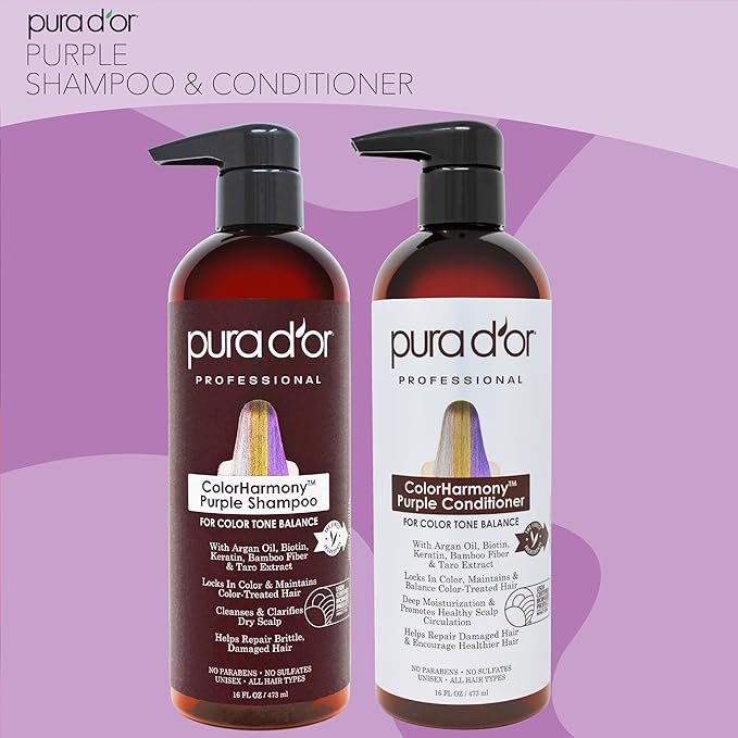 PURA D'OR Purple Shampoo & Conditioner (16oz x 2) ColorHarmony Biotin Set For Bleached, Blonde, Silver & Color Treated Hair - Keratin, Bamboo Fiber, No Sulfates - Men & Women-VivaGrace Women