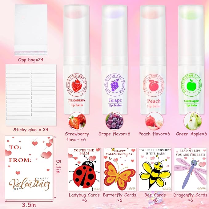 24 Pack Valentines Day Gifts for Kids lip balm bulk,chapstick bulk,party favors for kids boys girls,Natural Moisturizing Lip Balm for dry cracked lips,goody bag filler,Wedding Gifts-VivaGrace Women