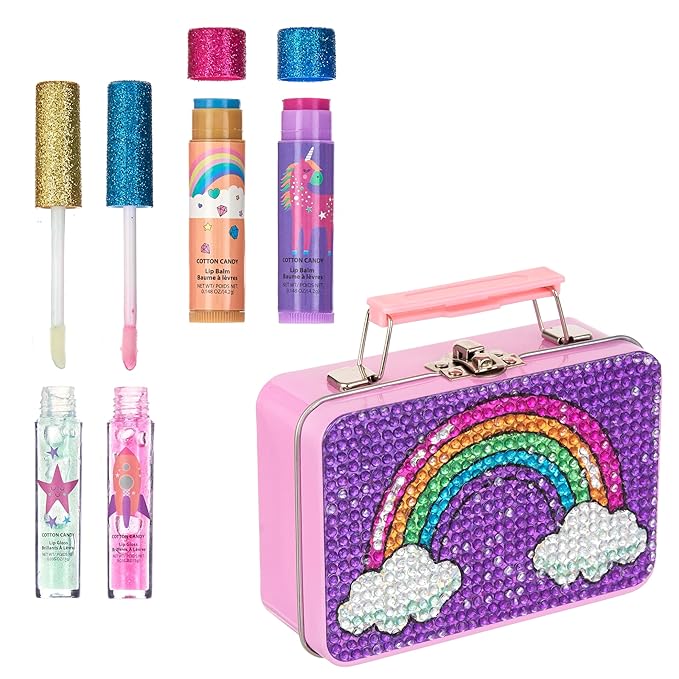 Expressions 5pc Rainbow Rhinestones Cosmetics Lip Kit For Kids w/Lip Glosses, Lip Balms & Tin Box Storage Case Magical Lip Set,Washable + Non Toxic-VivaGrace Women