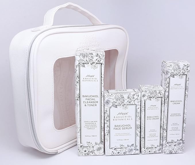 Bakuchol Botanicals Gift Set with Travel Case, Includes Face Serum, Toner & Cleanser All-in-One, Eye Cream, Moisturizer-VivaGrace Women