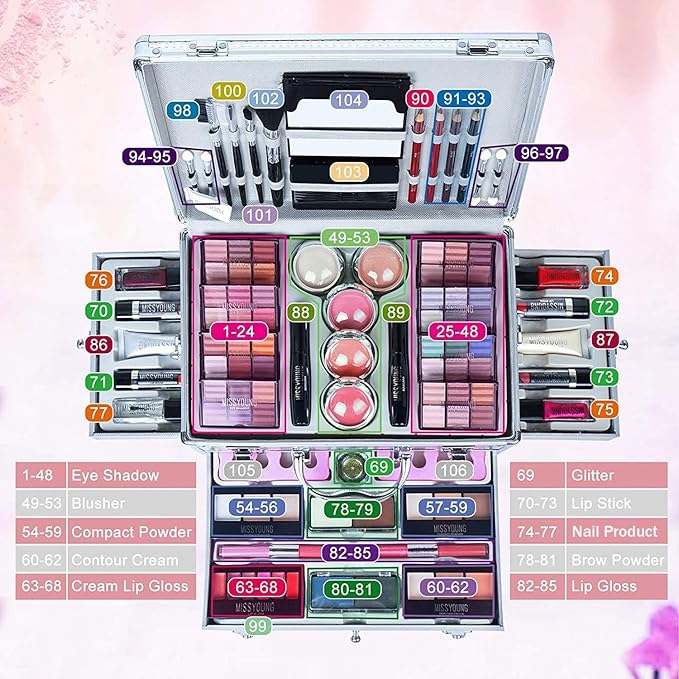 Make-up Box Set Multi-purpose Cosmetic Storage Beauty Case Professional Contain Eyeshadow Concealer Lip gloss Blusher Compact Powder Eyebrow and Makeup Pencil Brush #3-VivaGrace Women