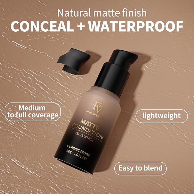 FV Full Coverage Liquid Foundation, Lightweight & Concealing, Long Lasting Matte Foundation Makeup with Flawless Finish, Oil Control Waterproof Foundation for Oily Skin (Classic Ivory Matte)-VivaGrace Women