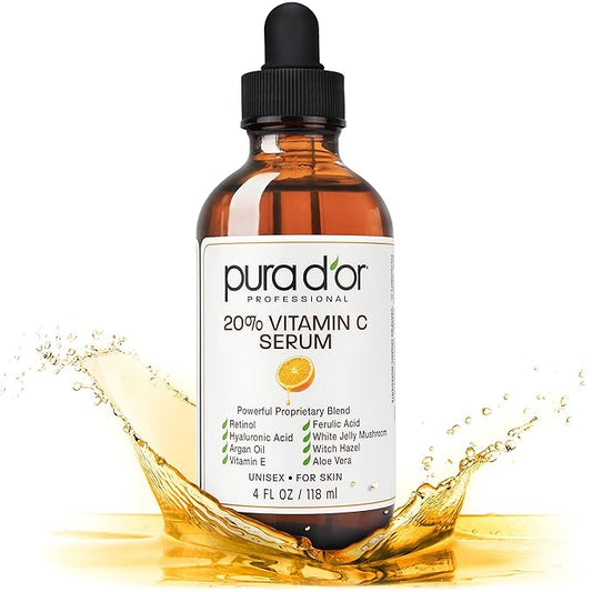PURA D'OR 20% Vitamin C Serum 4 Oz - Lightweight Maximum Strength Formula - Retinol, Hyaluronic Acid, Ferulic Acid - Professional Grade Treatment For Face & Eyes, Wrinkles - Men & Women-VivaGrace Women