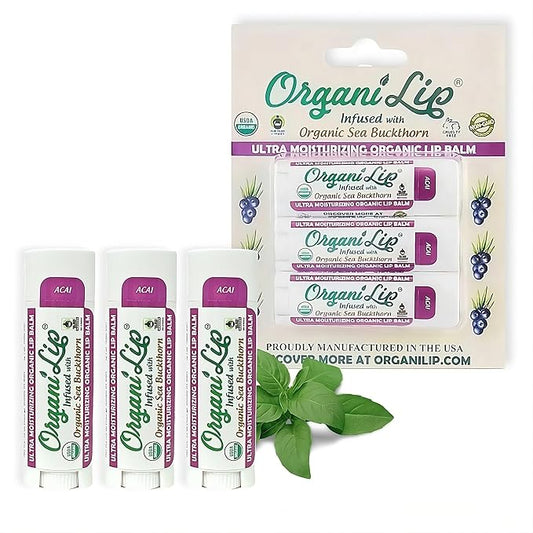 OrganiLip Organic Lip Balm, Acai Flavor, Ultra Hydrating Lip Moisturizer for Cracked or Dry Lips, Oval Shaped Tube, USDA Certified Organic, 3 Pack-VivaGrace Women