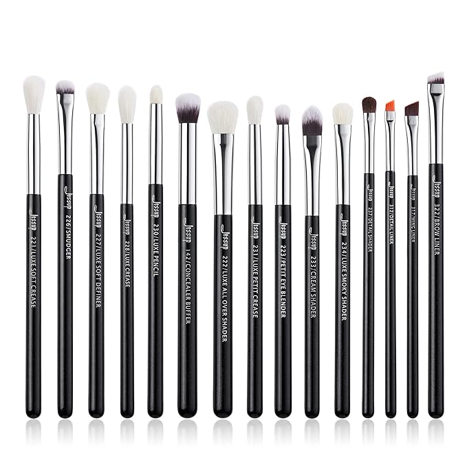 Jessup Eye Makeup Brushes Set Professional 15pcs with Eyeshadow Blending Concealer Eyebrow Eyliner Brush (Pearl Black/Silver)-VivaGrace Women
