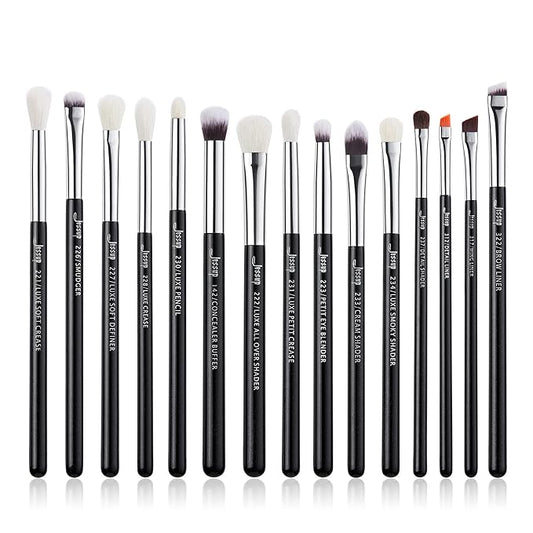Jessup Eye Makeup Brushes Set Professional 15pcs with Eyeshadow Blending Concealer Eyebrow Eyliner Brush (Pearl Black/Silver)-VivaGrace Women