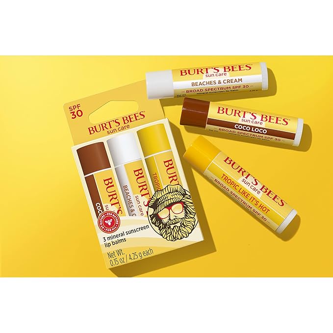 Burt’s Bees SPF 30 Lip Balm Mothers Day Gifts for Mom, Island Getaway - Coco Loco, Beaches & Cream, Tropic Like It's Hot, Water-Resistant Sun Care, Natural Origin Lip Treatment, 3 Tubes, 0.15 oz-VivaGrace Women