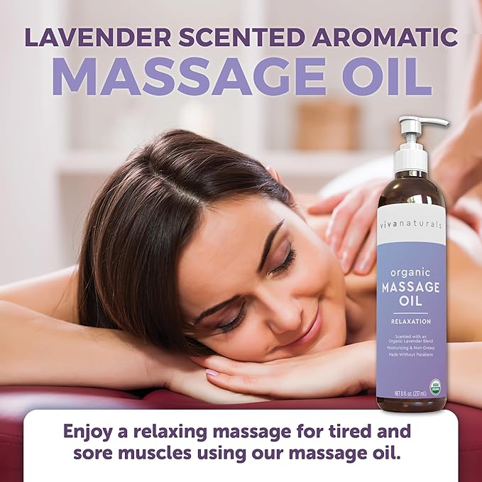 Viva Naturals Organic Massage Oil (8 fl. oz.) - Lavender Scented Non-Greasy Body Massage Oil with Mess-Free Pump, Moisturizing Massage Oils for Massage Therapy, Non-GMO and Certified Organic, 237 mL-VivaGrace Women
