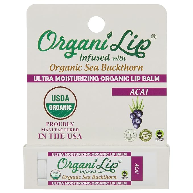Organic Lip Balm, Acai Flavor, Ultra Hydrating Lip Moisturizer for Cracked or Dry Lips, Infused With Organic Sea Buckthorn, Oval Shaped Tube, USDA Certified Organic, 1 Pack-VivaGrace Women