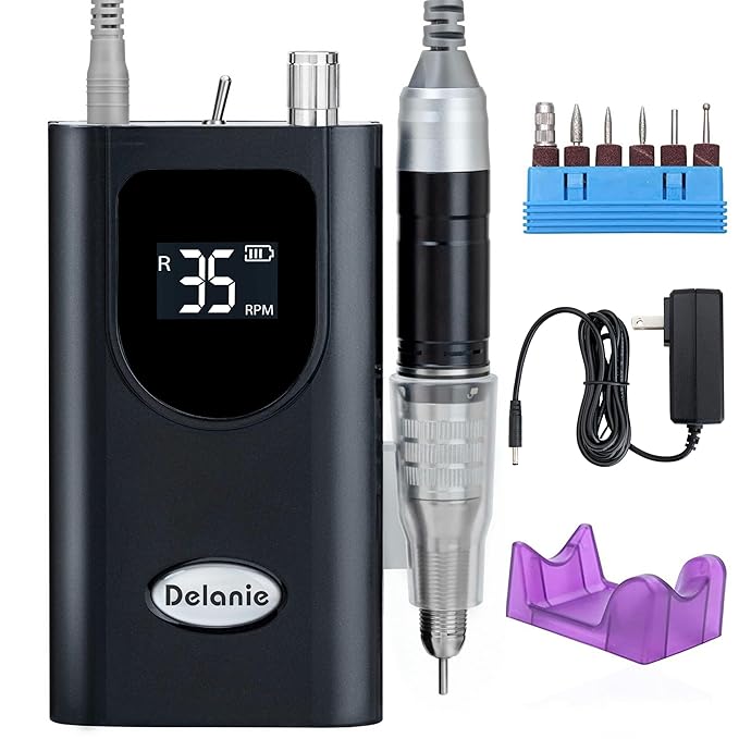 Delanie Professional Nail Drill High Torque 35000 RPM Rechargeable Portable Electric Nail File Filer for Acrylic Gel with Cuticle Bits, Salon Manicure Tool, Black-VivaGrace Women