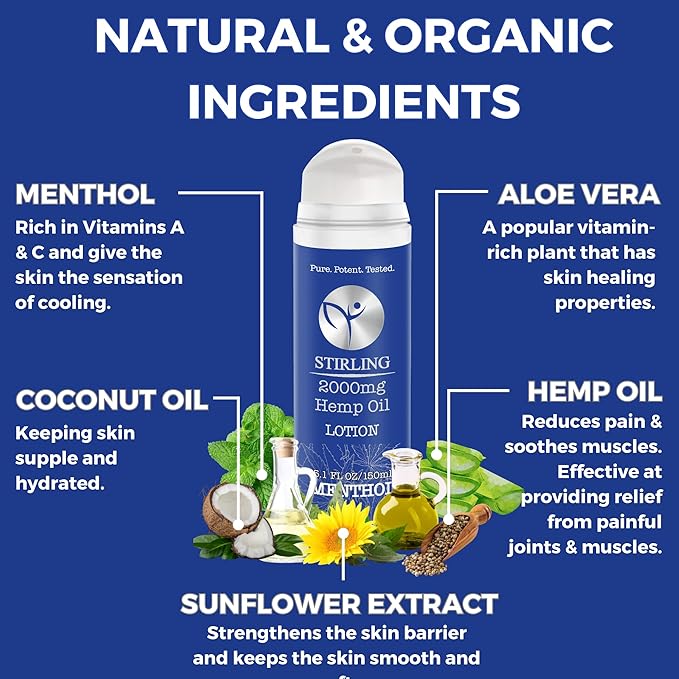 STIRLING Menthol Lotion + Hemp Oil – Maximum strength relief with cooling menthol and 100% pure hemp oil to soothe joints, relax muscles, and hydrate with aloe vera. 5 fl oz. (2000mg, Menthol)-VivaGrace Women