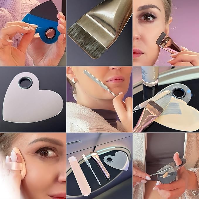 Makeup Brush Set - Flat Foundation Brush, Blender Sponge, Face Spatula, Puff & Heart-Shaped Mixing Palette with Leather Case – Complete Face Makeup Tool Kit for Blending, Foundation & Application-VivaGrace Women