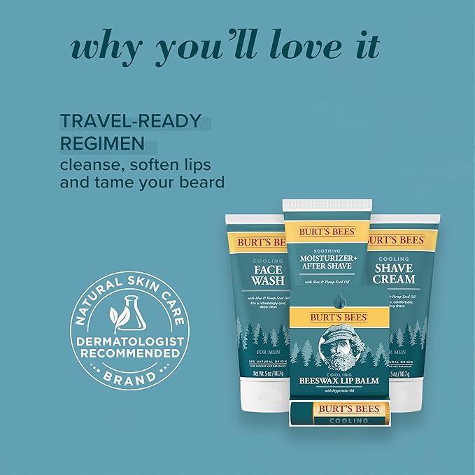 Burt's Bees Gifts Ideas - Grooming Essentials Kit, 4 Products for Men - Cooling Face Wash, Shave Cream, Soothing Moisturizer After Shave & Original Beeswax Lip Balm-VivaGrace Women