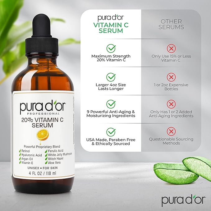 PURA D'OR 20% Vitamin C Serum 4 Oz - Lightweight Maximum Strength Formula - Retinol, Hyaluronic Acid, Ferulic Acid - Professional Grade Treatment For Face & Eyes, Wrinkles - Men & Women-VivaGrace Women