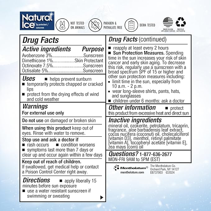 Mentholatum (R) Natural Ice (R) Sport Broad Spectrum SPF 30 Medicated Lip Balm - 12 Pack of 4.5 g Tubes-VivaGrace Women