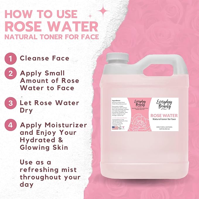 Rose Water Facial Toner - 32oz Bulk Alcohol-Free Vegan All Natural Refreshing for Face and Hair - Uplifts, Calming & Soothing for All Skin Types-VivaGrace Women
