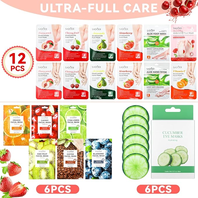 24 Pcs Fruits Beauty Facial Hand Foot Mask Cooling Eye Pads Set Spa Party Night Kit Beauty Skincare Hydrating Skin Cooling Eye Masks for Puffy Eyes Spa Stocking Stuffers Night Summer Party-VivaGrace Women