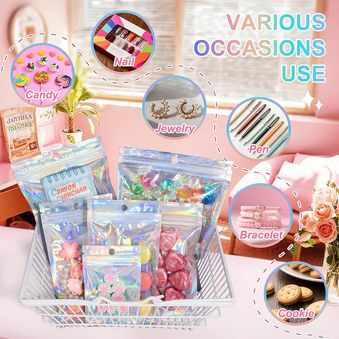 ANZNKU 100 Pack Mylar Bags Reasealable Holographic Bags, Smell Proof Bag Zipper Pouches with Clear Window, Jewelry Candy Sealable Bag for Packaging Sample Party Favor (5.1 x 8.3 Inch)-VivaGrace Women