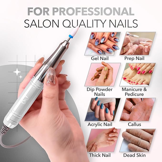 M Mase- Professional Nail Drill Machine - Coreless 2-in-1 Nail File - Electric, Cordless, 35000 RPM, HD Display - Electric Nail Drill for Professional & Home Use (White)-VivaGrace Women