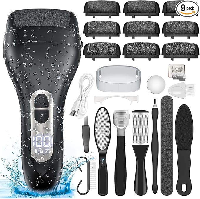Electric Callus Remover for Feet - with 9pcs Larger Grinding Head, Portable Pedicure Kit Foot File Callus Remover, Rechargeable Waterproof Foot File for Foot Care Deadskin Remover LCD Display-Black-VivaGrace Women