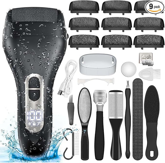 Electric Callus Remover for Feet - with 9pcs Larger Grinding Head, Portable Pedicure Kit Foot File Callus Remover, Rechargeable Waterproof Foot File for Foot Care Deadskin Remover LCD Display-Black-VivaGrace Women