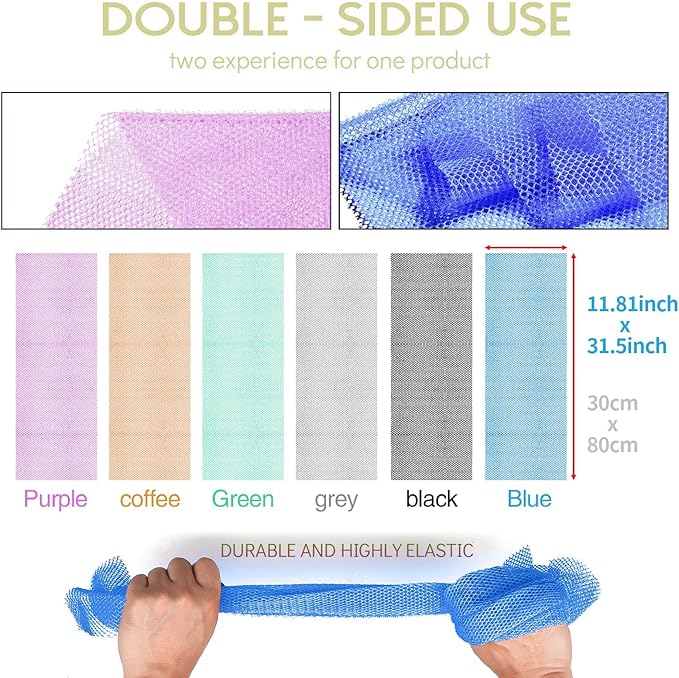 UJFQBH 6 Pieces African Bath Sponge African Net Long Net Bath Sponge Exfoliating Shower Body Scrubber Back Scrubber Skin Smoother,Great for Daily Use (Purple, Gray, Blue, Black, Brown, Green)-VivaGrace Women