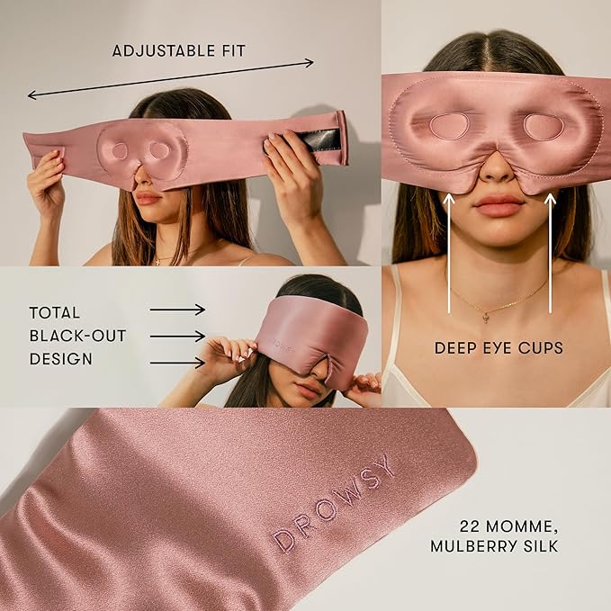 DROWSY Eyelash Protecting Silk Sleep Mask for Natural Lashes & Extensions. Deep Eye Cups, Zero Pressure, Total Blackout, Full Wraparound (Damask Rose)-VivaGrace Women
