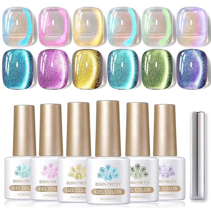 Born Pretty Cat Magnetic Eye Gel Nail Polish Aurora Mermaid Blue Purple Pink Yellow Red Gel Polish Glass Holographic Glitter Gel Nail Polish for Nail Art Manicure Salon DIY 6PCS 7ML-VivaGrace Women