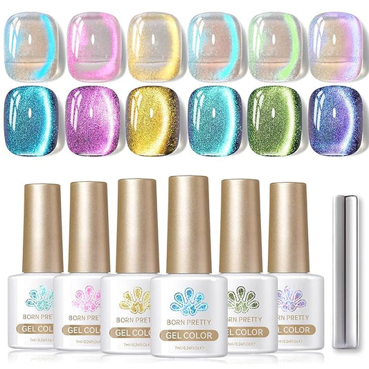 Born Pretty Cat Magnetic Eye Gel Nail Polish Aurora Mermaid Blue Purple Pink Yellow Red Gel Polish Glass Holographic Glitter Gel Nail Polish for Nail Art Manicure Salon DIY 6PCS 7ML-VivaGrace Women