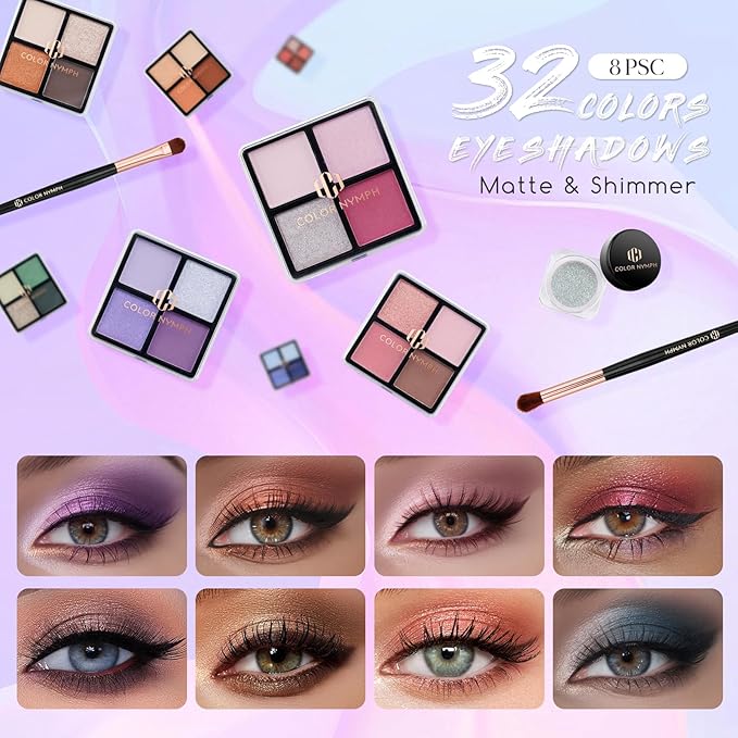 Color Nymph Beginners Makeup Kit With Train Case For Teenagers Girls, Full Starter Cosmetics Set Included 32 Colors Eyeshadow, Glitter Cream, Blush, Highlighter, Lip Gloss and Brush (Black)-VivaGrace Women