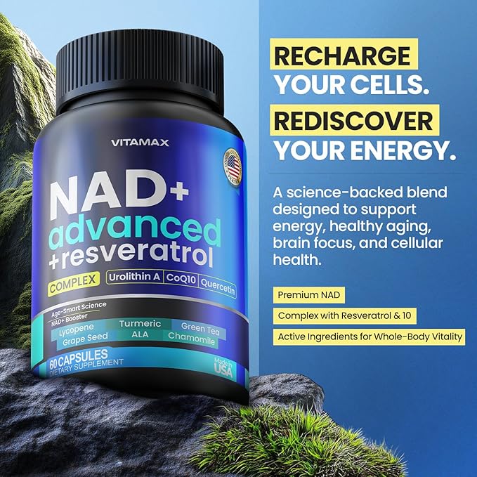 NAD Supplement Extra Strength - Liposomal + Resveratrol for Women & Men, CoQ10, Alpha Lipoic Acid, Green Tea, Quercetin, Urolithin A, Lycopene – High Purity Anti-Aging, Energy & Regeneration – 60ct-VivaGrace Women
