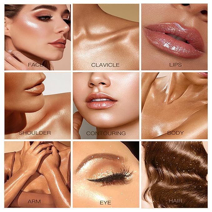 Shimmer Body Oil-Gold Face Brighten Glow Pearl Highlighter Liquid Illuminator Body Glow Oil,4 Color Bronze Makeup Glitter Body Shimmer Oil with Makeup Brush-VivaGrace Women