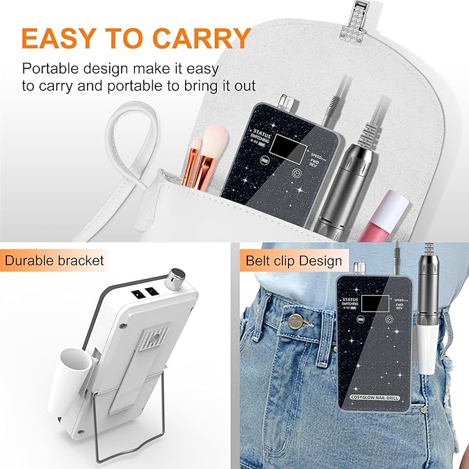 Professional Electric Nail Drill File:COSYGLOW Glitter Portable Cordless E-File Nail Drill Kit with 11 Drill Bits,30000 RPM Rechargeable Nail Drills Machine for Acrylic Nails Gel Polishing(Black)-VivaGrace Women