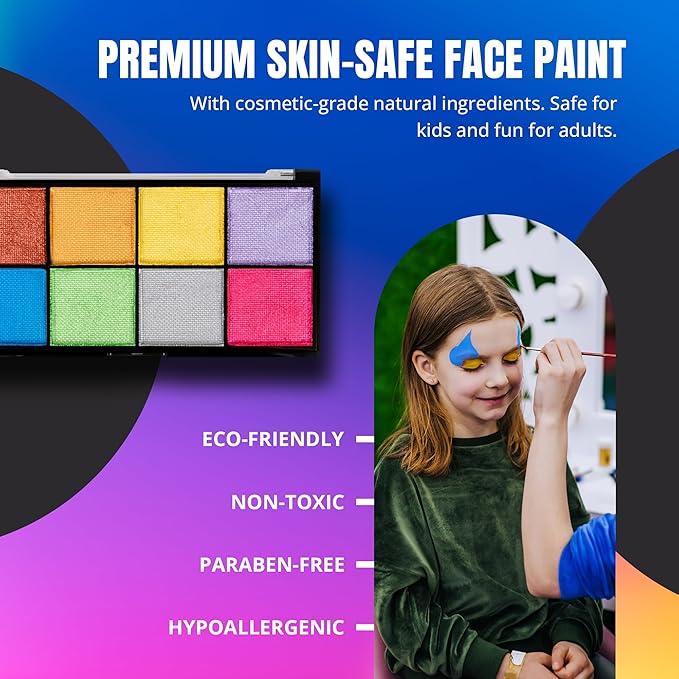 Professional Face Painting Kit - Skin Friendly Face Paint Kit - Cruelty-Free & Vegan Water Based Face Paint Makeup for Theatre, SFX and Halloween- 8 Colors 5g Each - Splashes & Spills (Pearly Colors)-VivaGrace Women