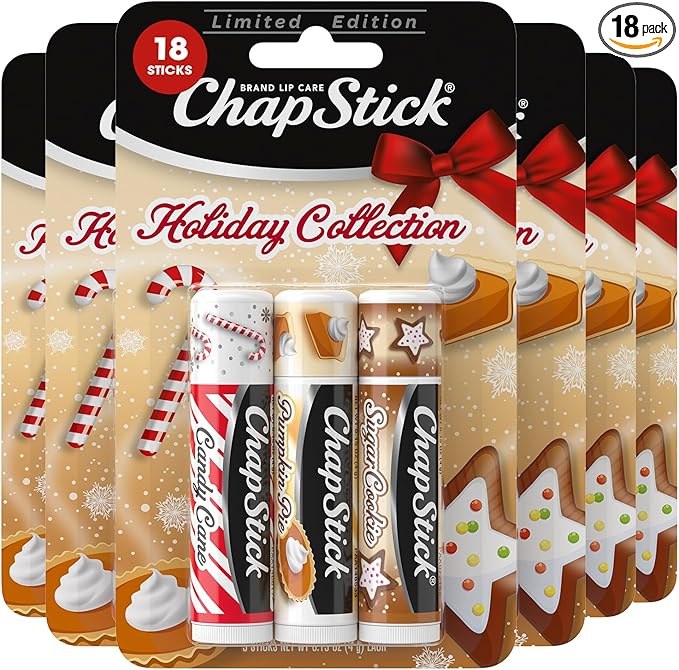 ChapStick Holiday Collection - Candy Cane, Pumpkin Pie & Sugar Cookie Flavors - Blister Pack of 3 Sticks 0.15 Each - Pack of 6 = 18 Sticks, Great Holiday Gift 3 Count (Pack of 6)-VivaGrace Women