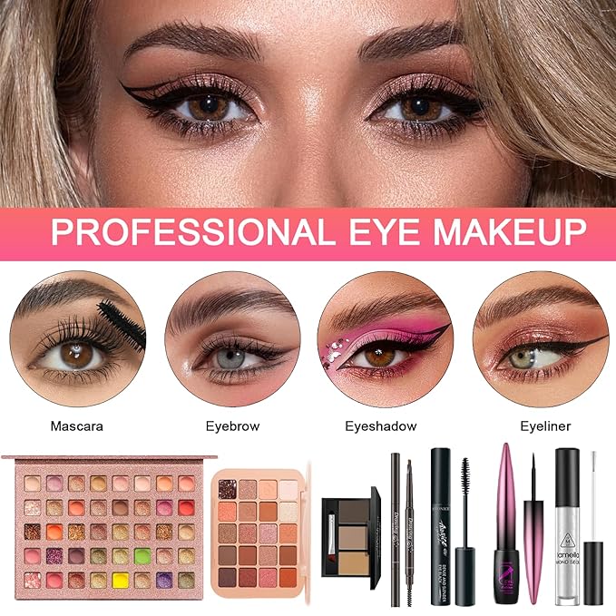 All in One Makeup Kit for Women Full Kit, Professional Travel Makeup Kit for Women & Teens, Foundation Eyeshadow Lipstick Brow Pencil Eyeliner Contour Powder, Complete Make Up Gift Set for Beginners-VivaGrace Women